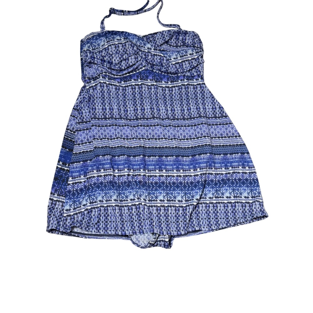 Garnet Hill Blue Geometric Striped Swimdress One Piece Swimsuit Halter Womens 4
